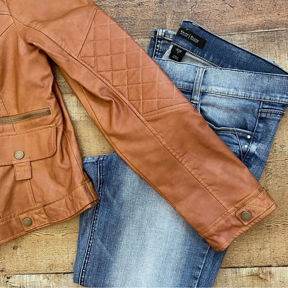 Cognac Quilted Moto Vegan Leather Jacket by BLANC NOIR - Picture 8 of 15